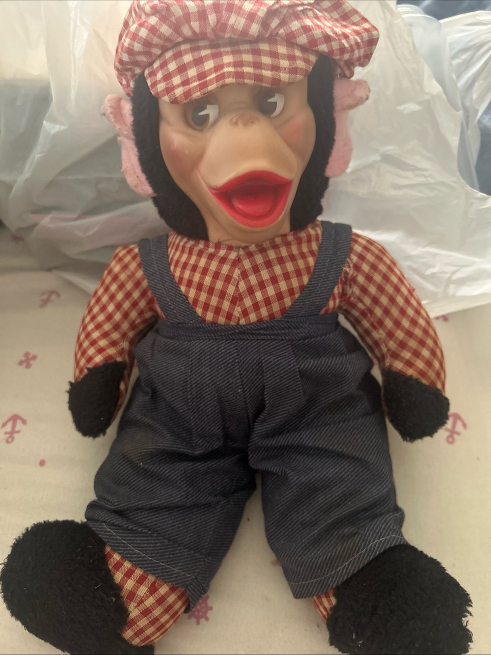 Vintage Plush Monkey Doll with Plaid Shirt and Overalls Rubber face